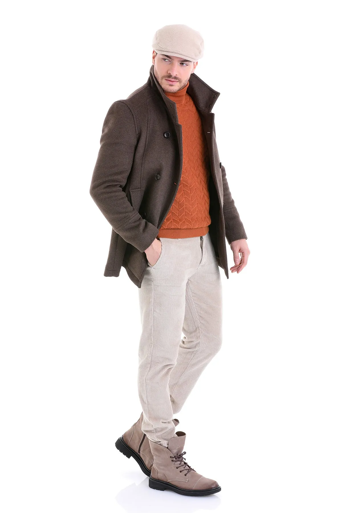 Slim Fit Double Breasted Brown Wool Blend Coat