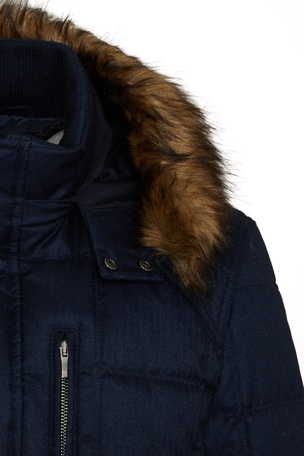 Slim Fit Eagle Furry Hooded Navy Coat, Navy