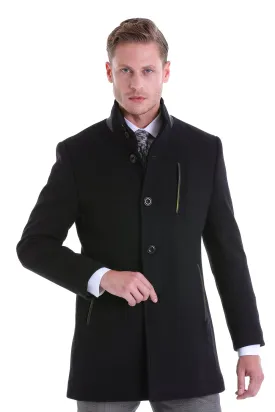 Slim Fit Funnel Stand Collar Black Wool Blend Overcoat