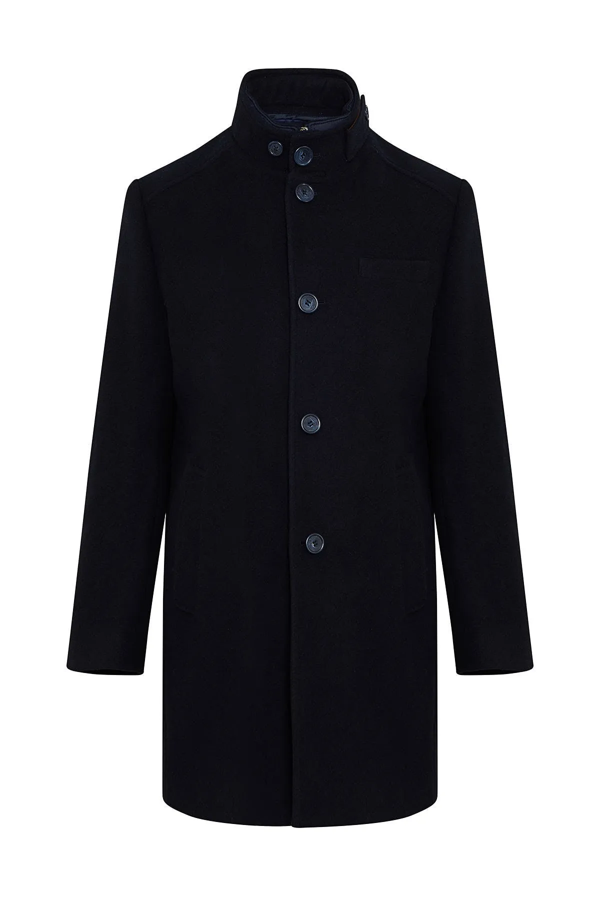 Slim Fit Hidden Zipper Stand Collar Navy Wool Blend Overcoat