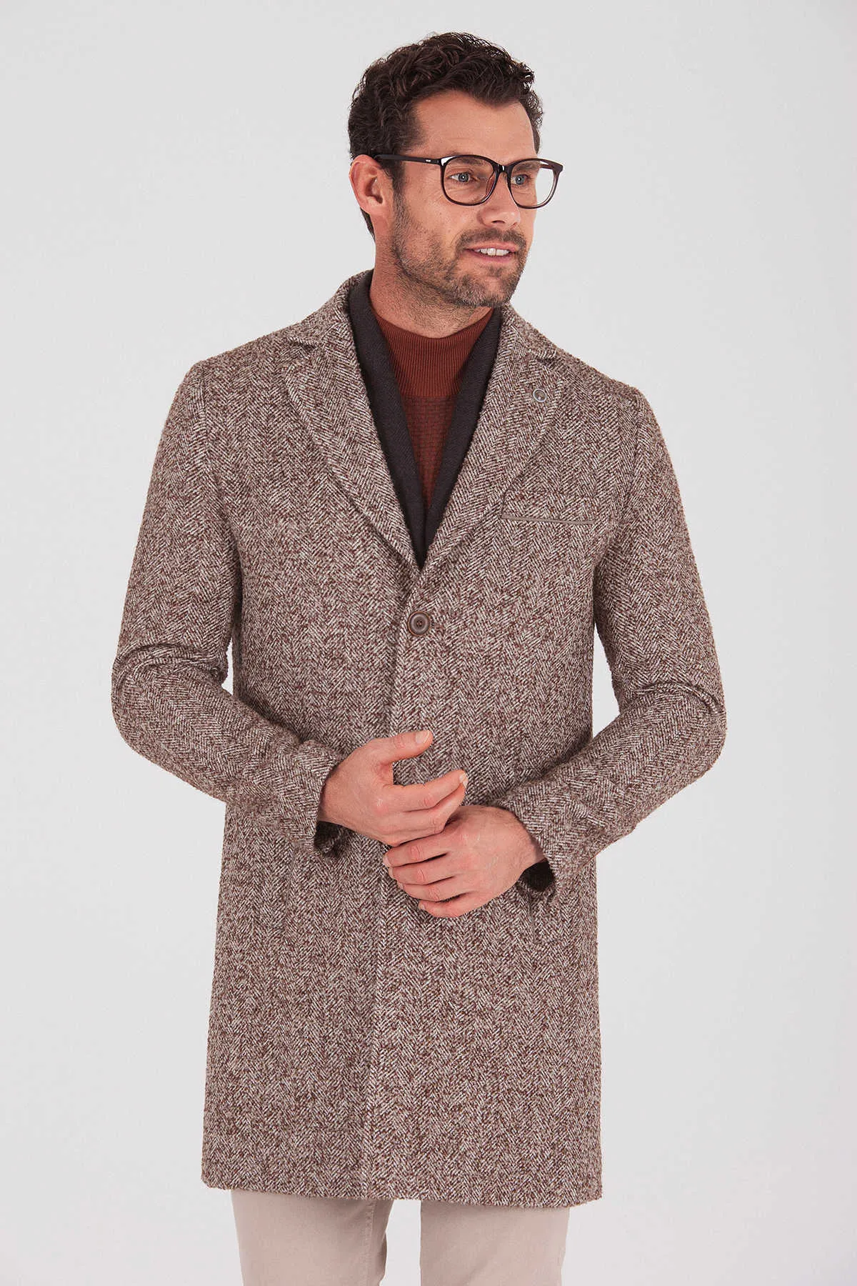 Slim Fit Notch Lapel Kanyon Wool Blend Brown Overcoat, Brown D.