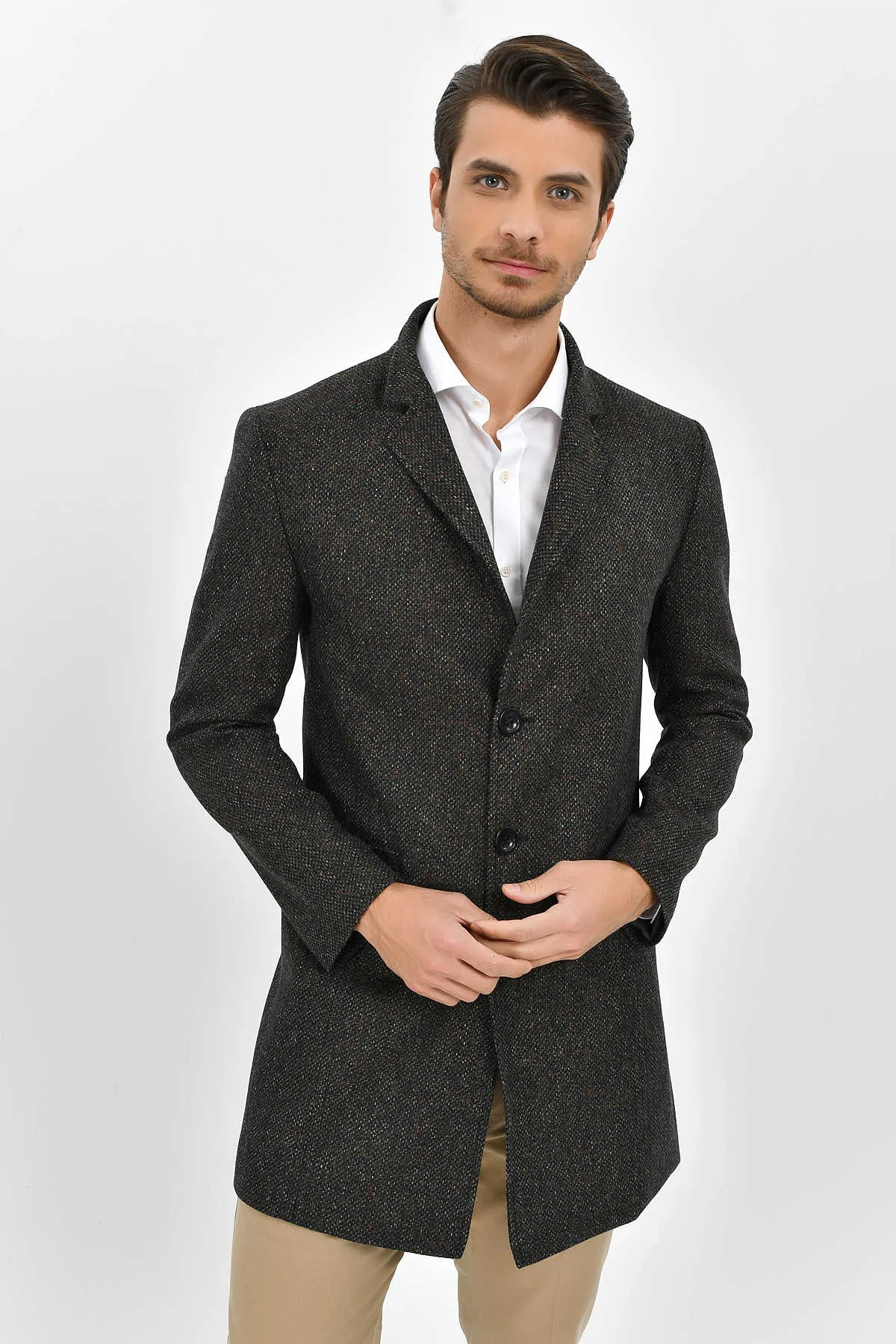 Slim Fit Notch Lapel Madrid Wool Light Gray Overcoat, Gray D.1