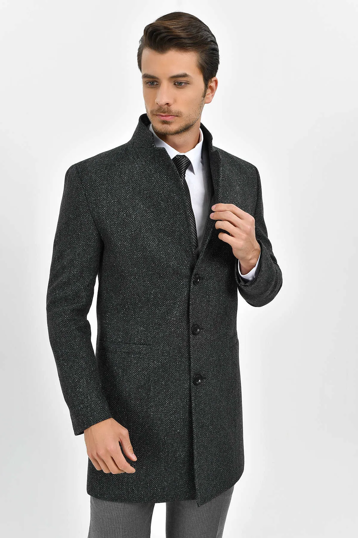 Slim Fit Notch Lapel Madrid Wool Light Gray Overcoat, Gray D.