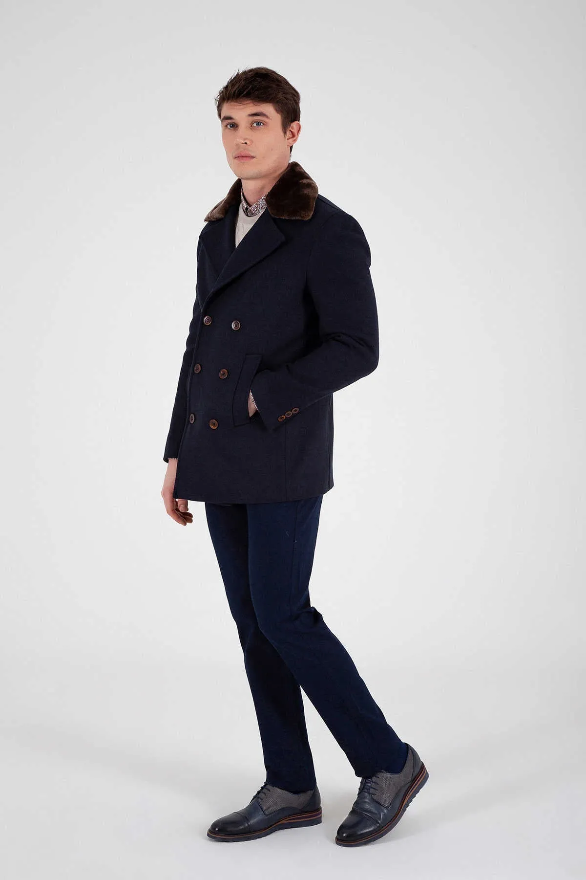 Slim Fit Notch Lapel Wool Blend Navy Overcoat, Navy