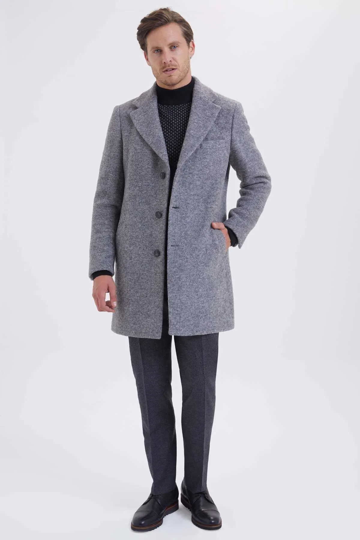 Slim Fit Notch Lapel Wool Gray Overcoat, Gray D.