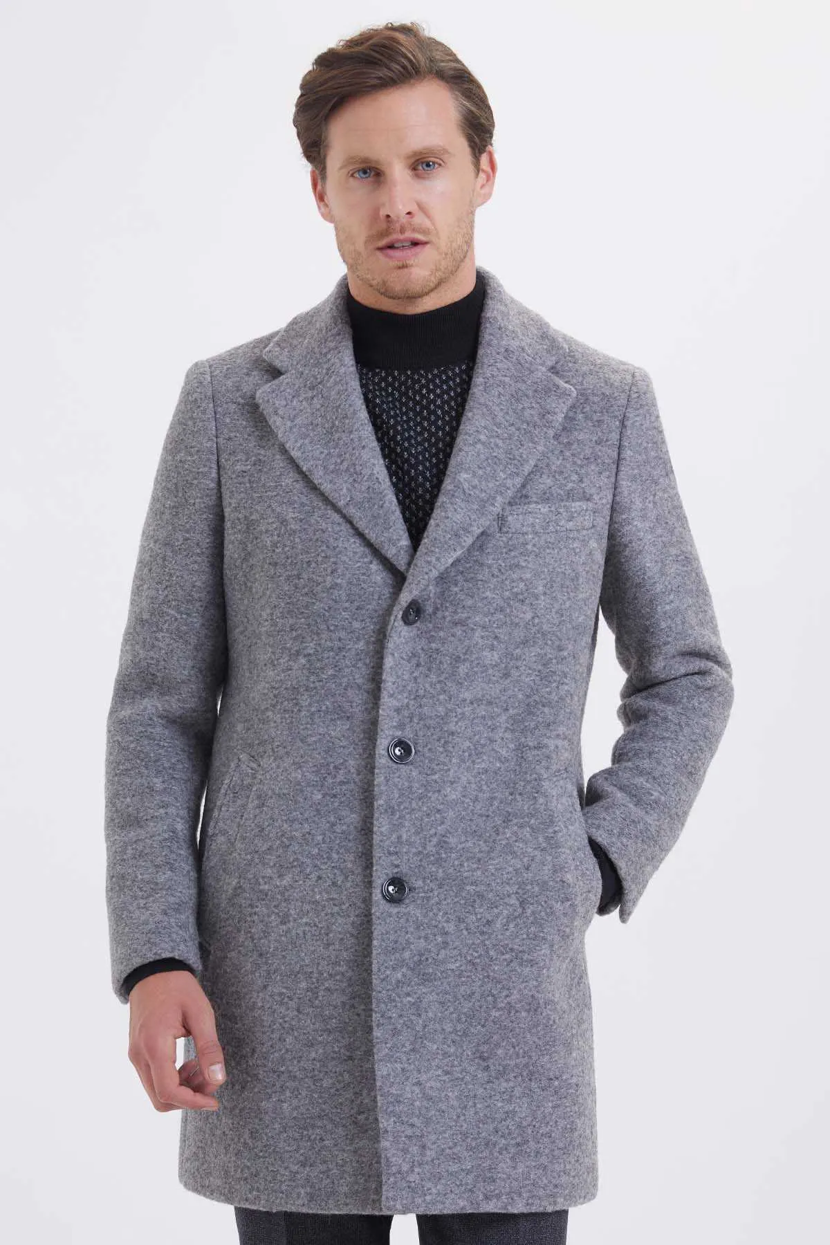 Slim Fit Notch Lapel Wool Gray Overcoat, Gray D.