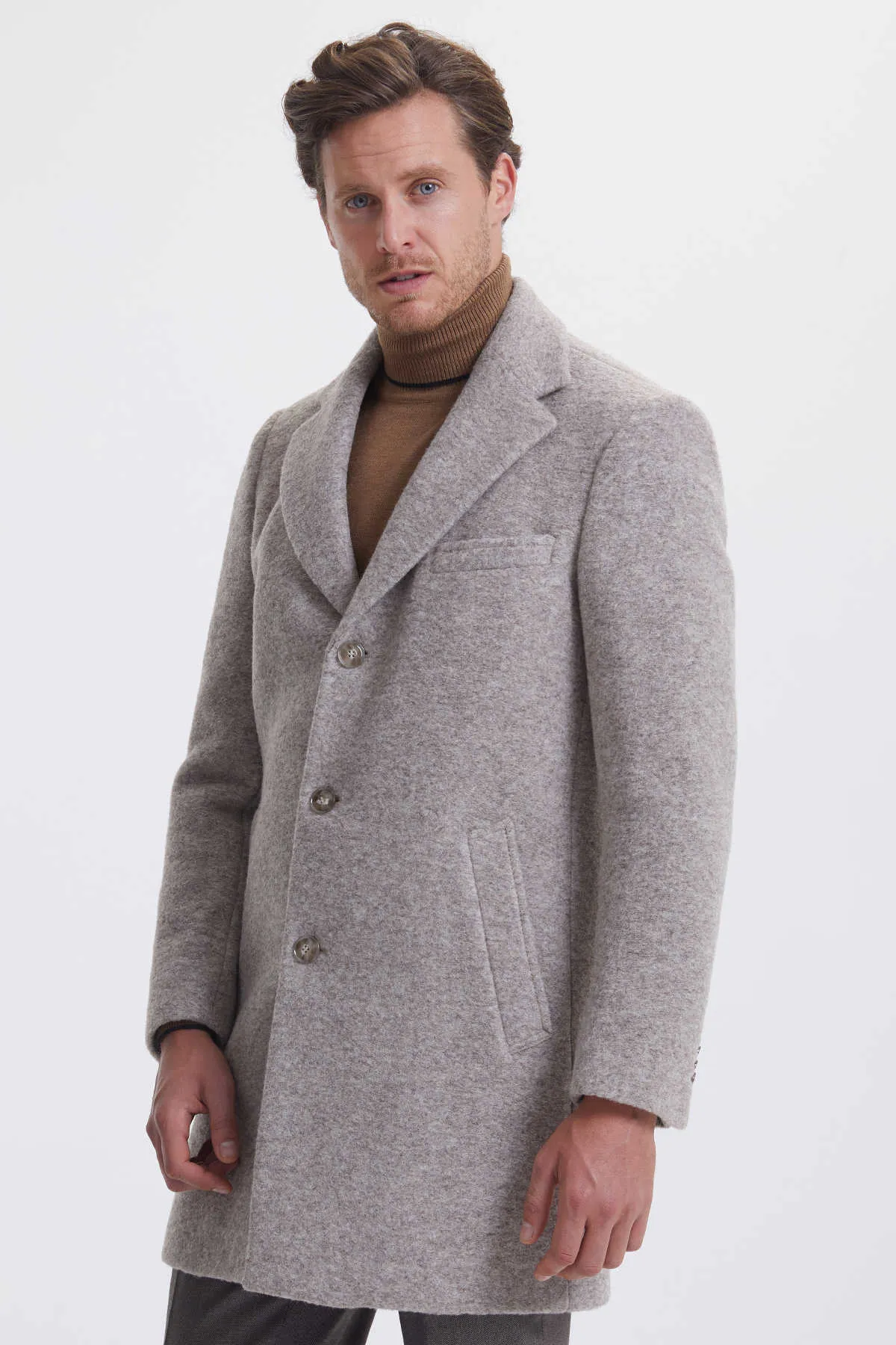 Slim Fit Notch Lapel Wool Gray Overcoat, Light Brown D.2