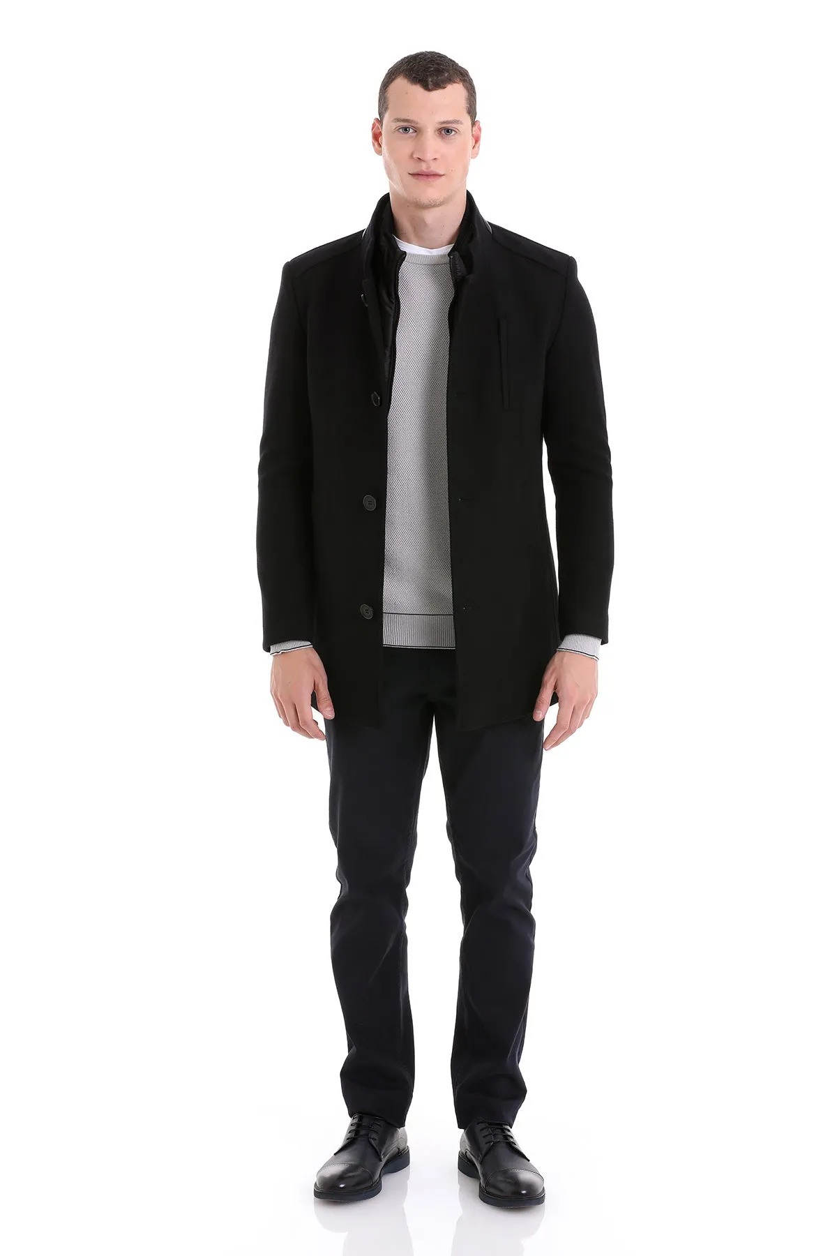 Slim Fit Stand Collar Wool Blend Black Overcoat