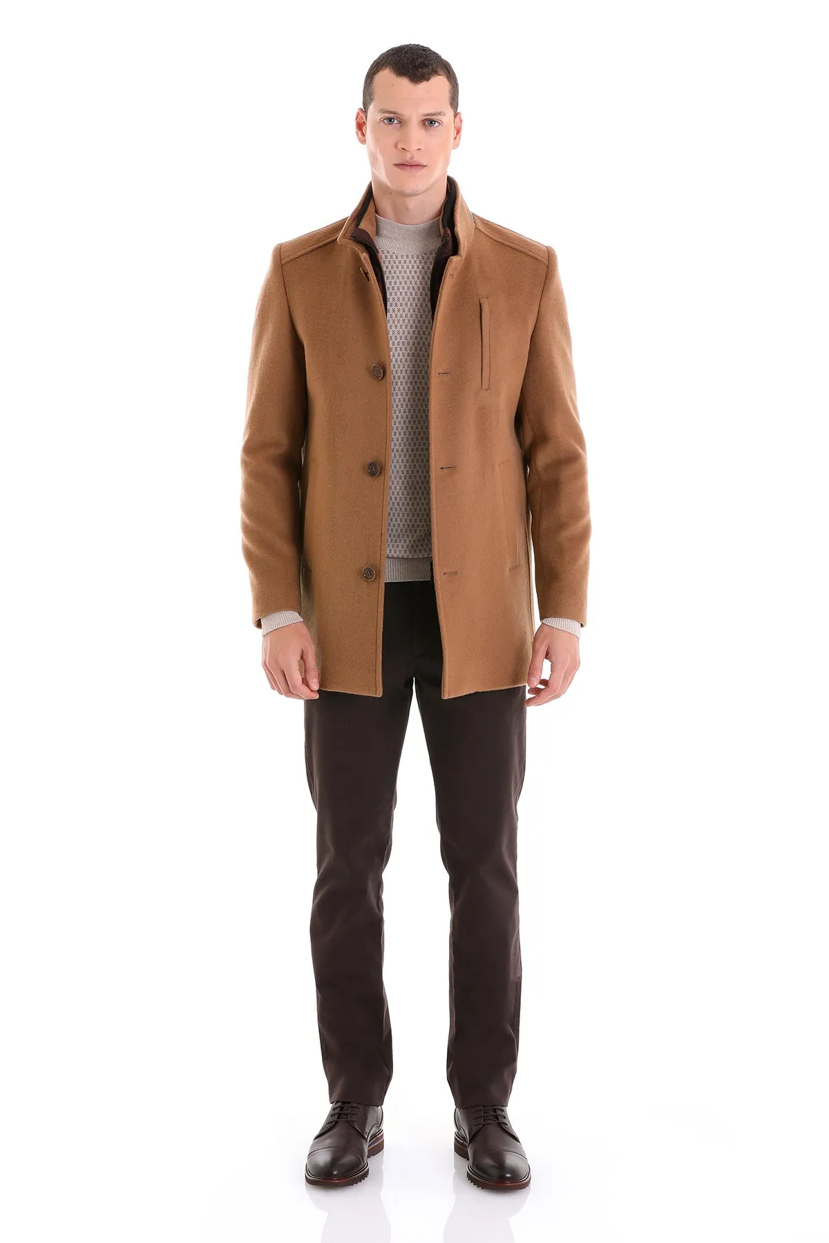 Slim Fit Stand Collar Wool Blend Camel Overcoat