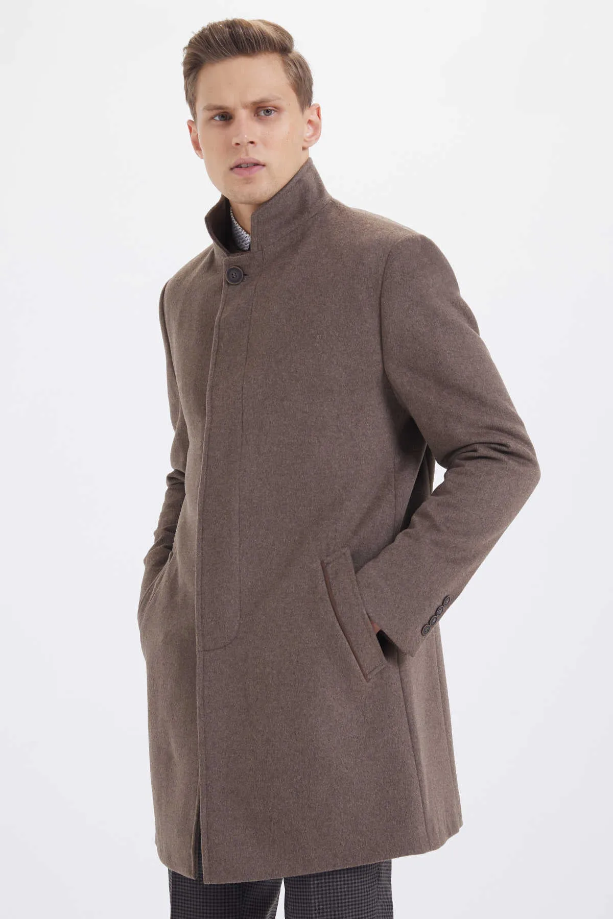 Slim Fit Stand Collar Wool Brown Overcoat, Brown