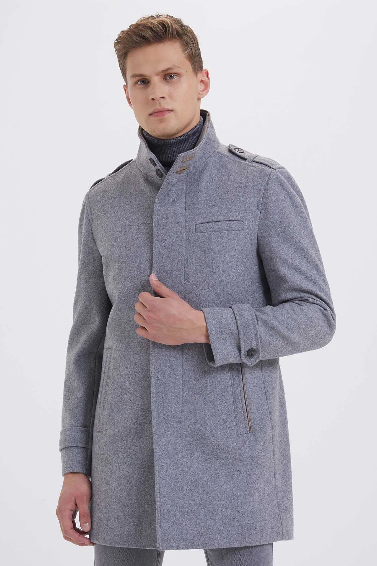 Slim Fit Stand Collar Wool Cappuccino Overcoat, Gray