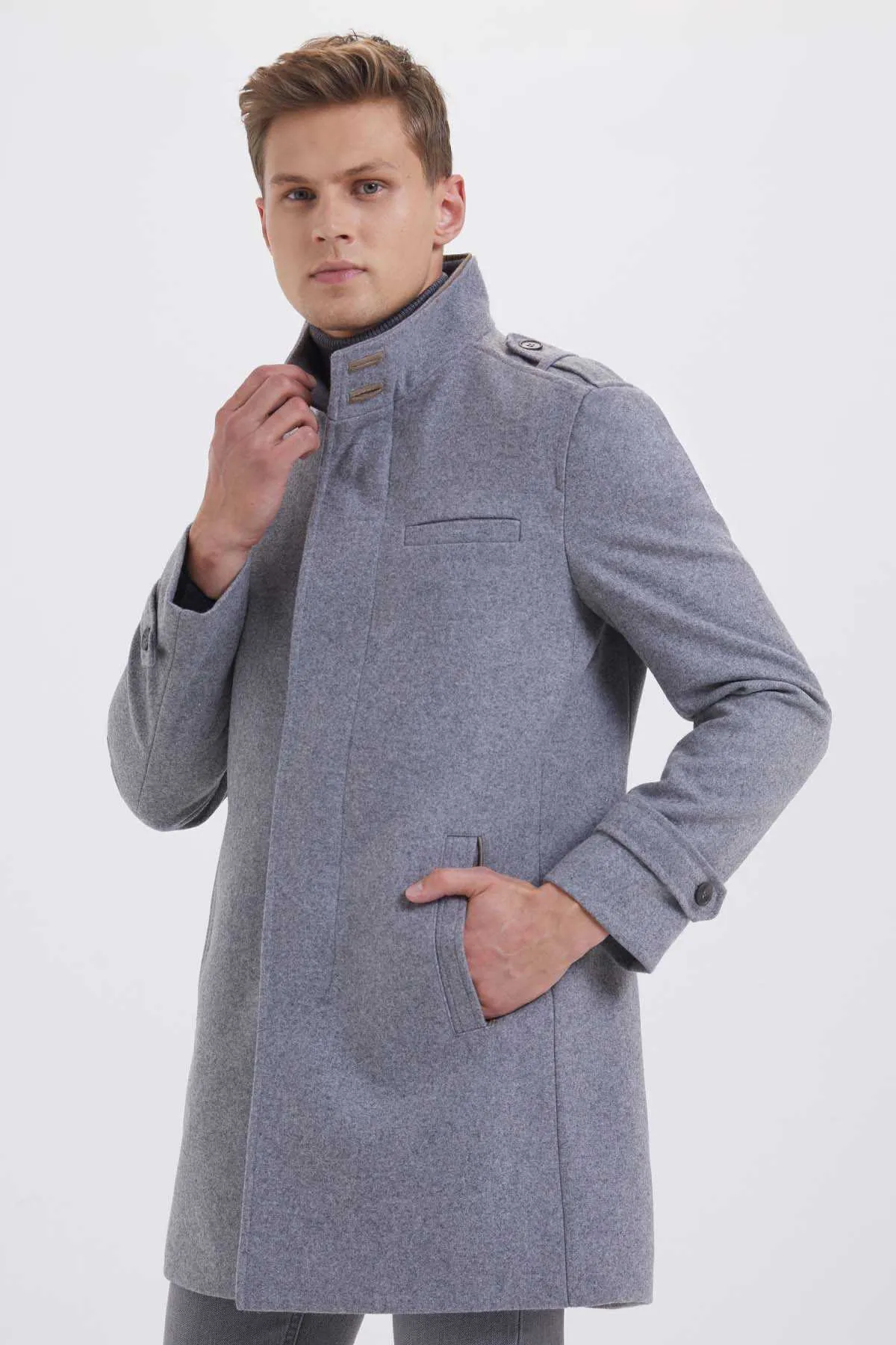 Slim Fit Stand Collar Wool Cappuccino Overcoat, Gray