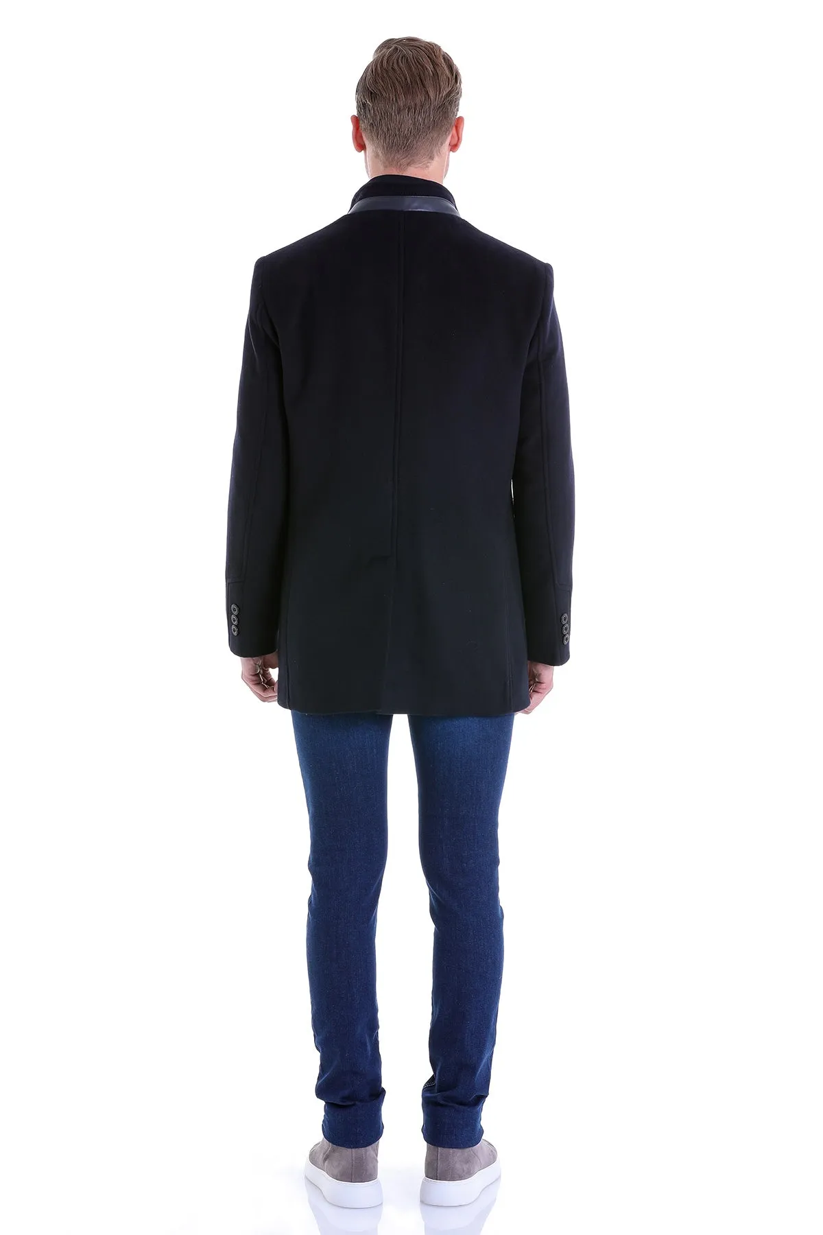 Slim Fit Zipper with Button Placket Navy Wool Blend Overcoat