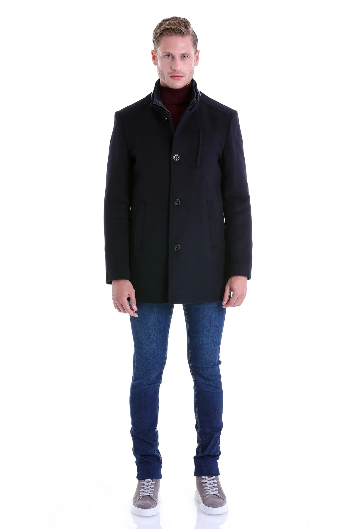 Slim Fit Zipper with Button Placket Navy Wool Blend Overcoat