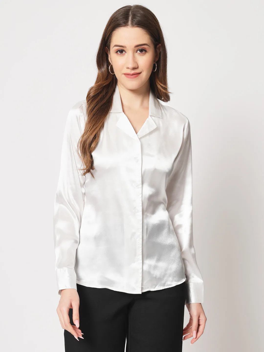 Spread Collar Satin Casual Shirt