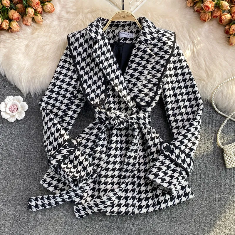 Stylish Houndstooth Long Sleeve Jacket     S494