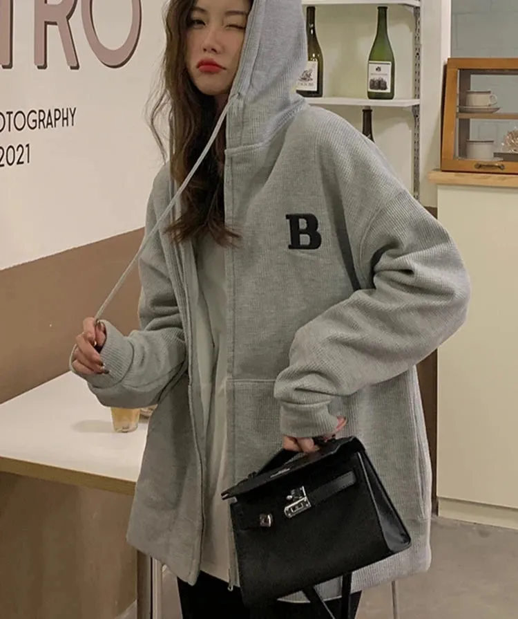 Waffle Double Layer Hooded Sweatshirt Women Loose Zipper Thin Jacket Women Hoodies Letter Print Cool Top Gray Streetwear