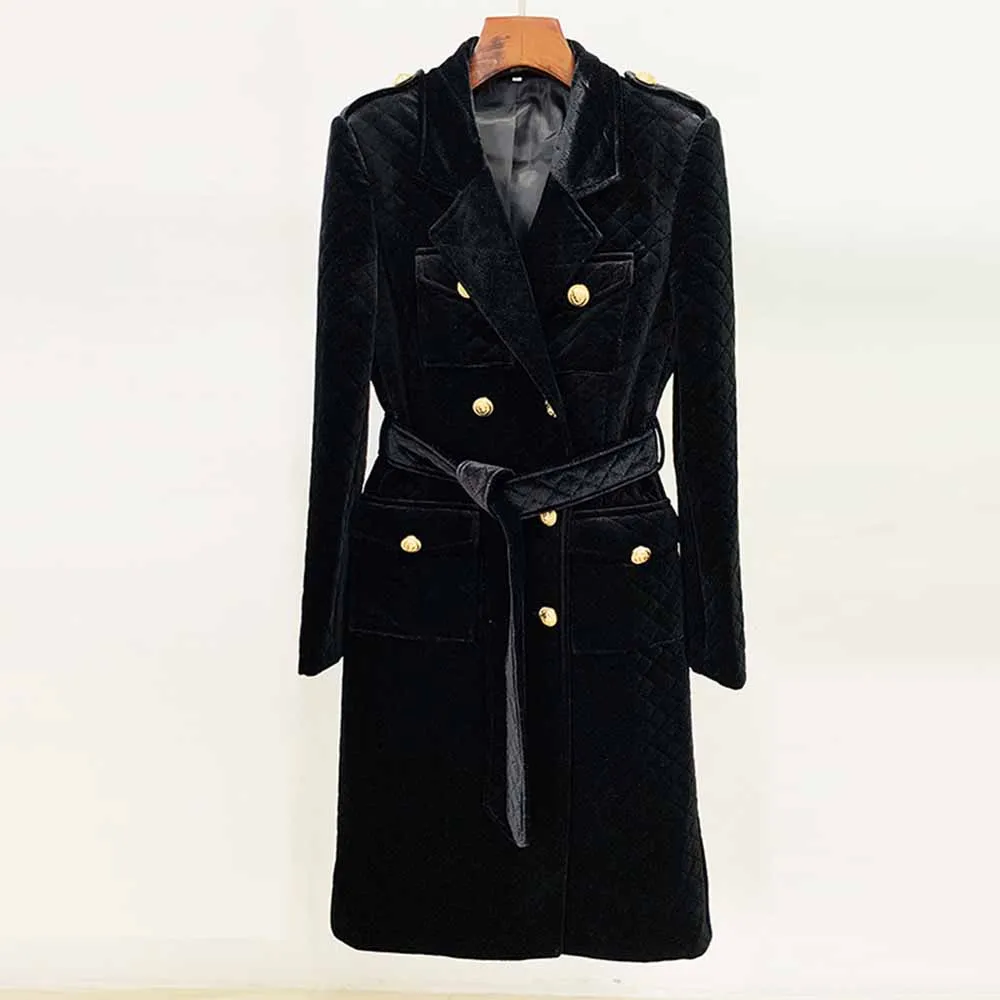 Women black double breasted coat belted velvet long length coat