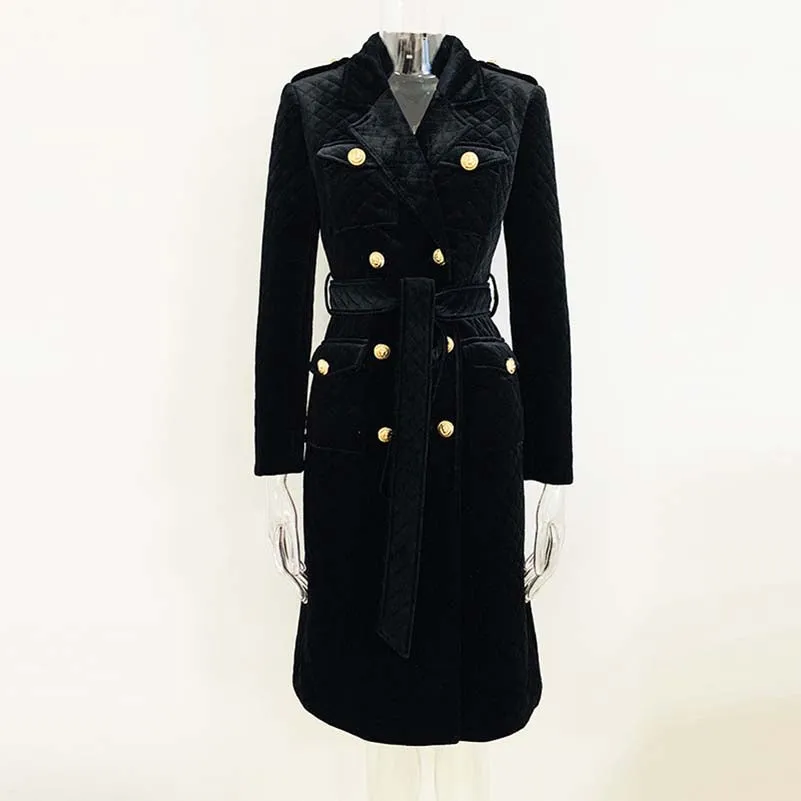 Women black double breasted coat belted velvet long length coat