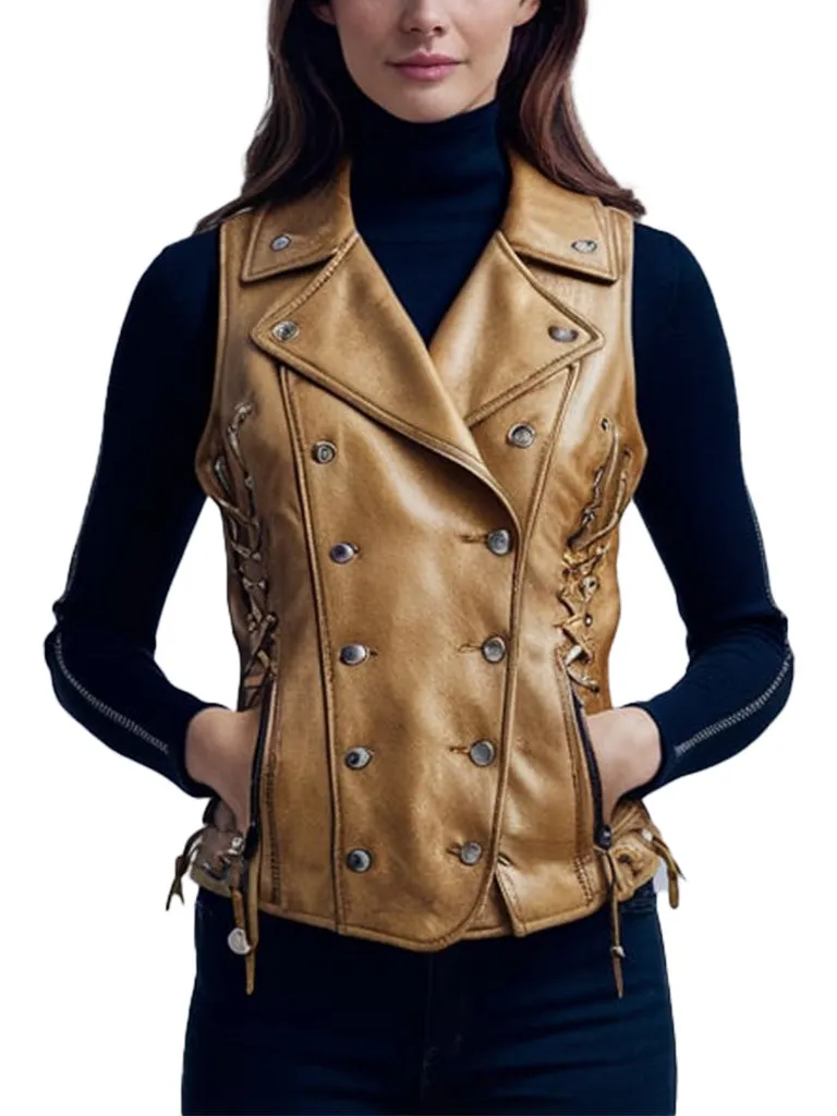 Women's Brown Leather Vest With Lace-Up Sides