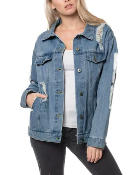 Women's Distressed Boyfreind Denim Jacket Loose Fit with Inner Pockets