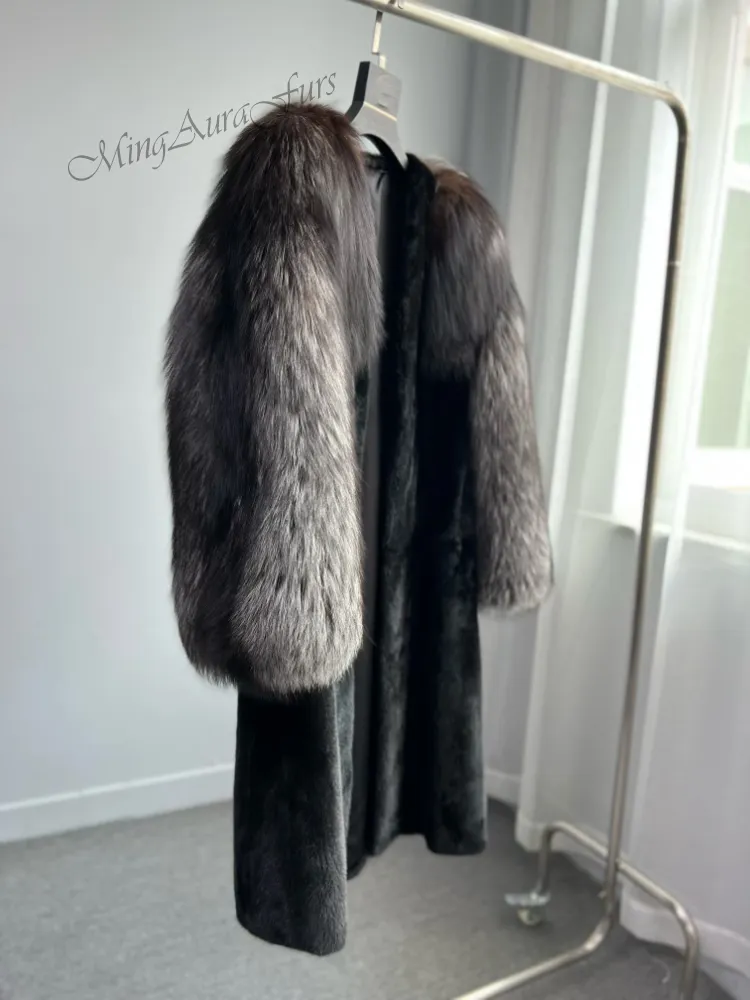 Women's Real Fox Fur Coat - Silver Fox and Mink - G0040