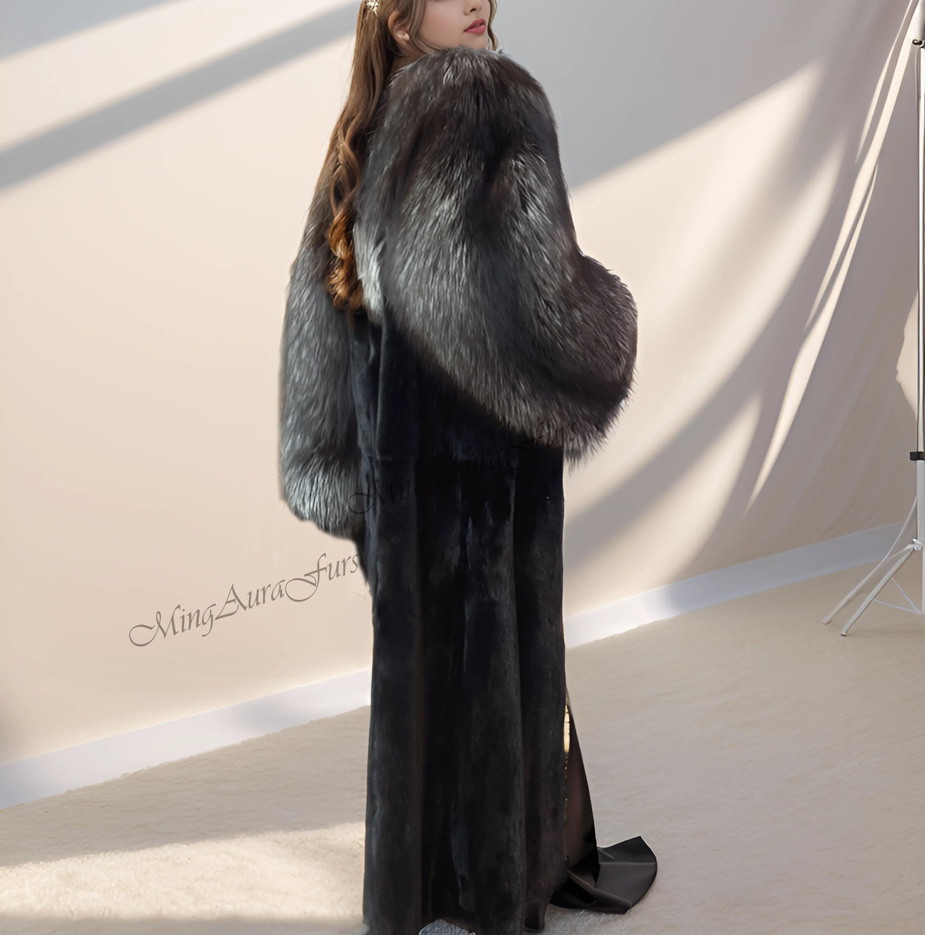 Women's Real Fox Fur Coat - Silver Fox and Mink - G0040