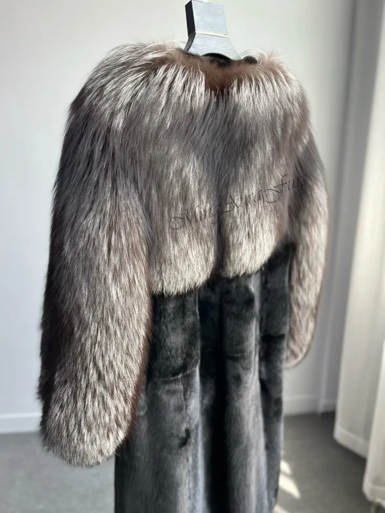 Women's Real Fox Fur Coat - Silver Fox and Mink - G0040