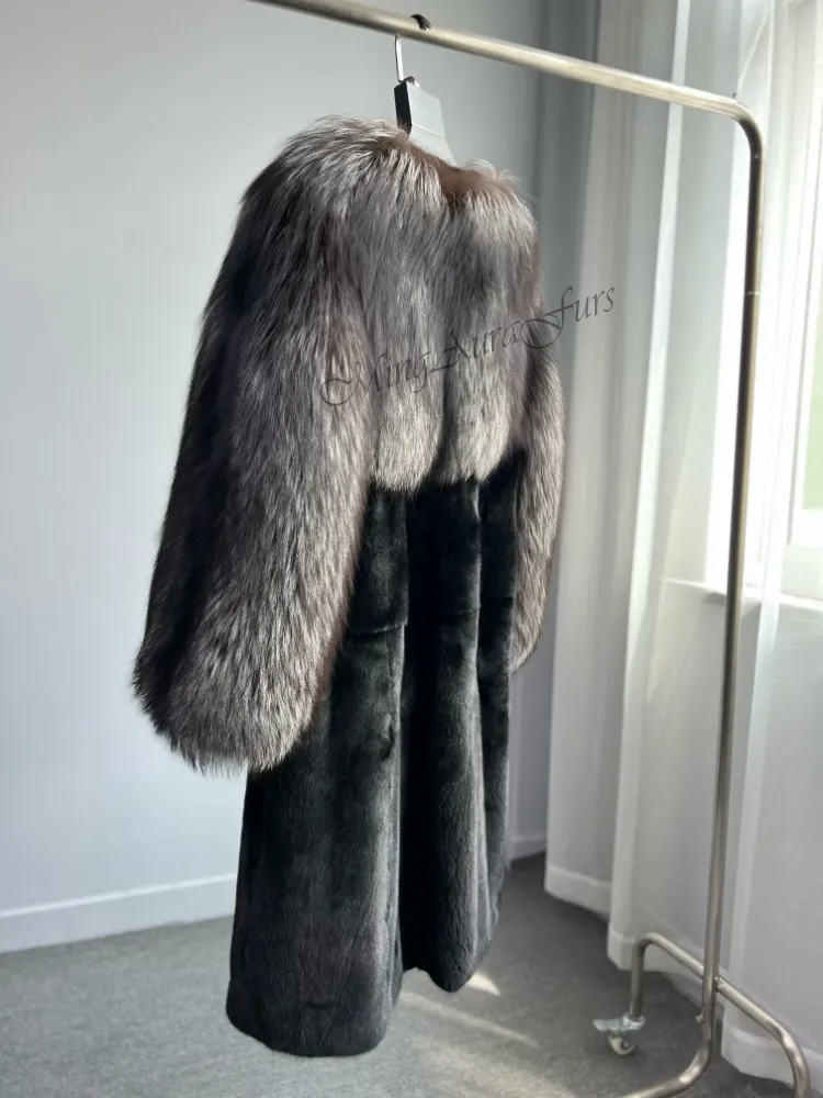 Women's Real Fox Fur Coat - Silver Fox and Mink - G0040