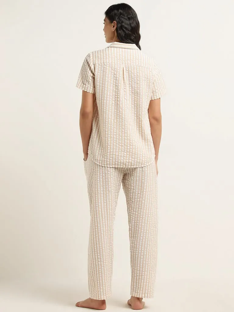 Wunderlove Beige Seersucker Striped Cotton Shirt and Mid-Rise Pyjamas Set