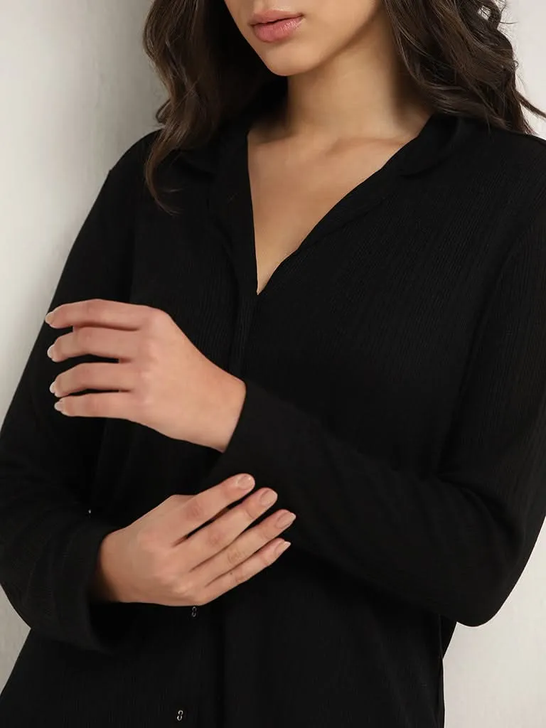 Wunderlove Black Ribbed Design Supersoft Shirt