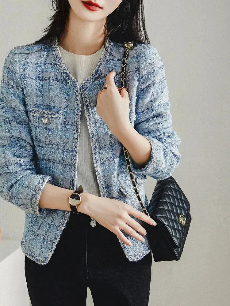 YK2 Streetwear Women's Elegant Blue Plaid Jacket Autumn Vintage Classic Long Sleeved Jacket Loose O-neck Fashion Women Jacket