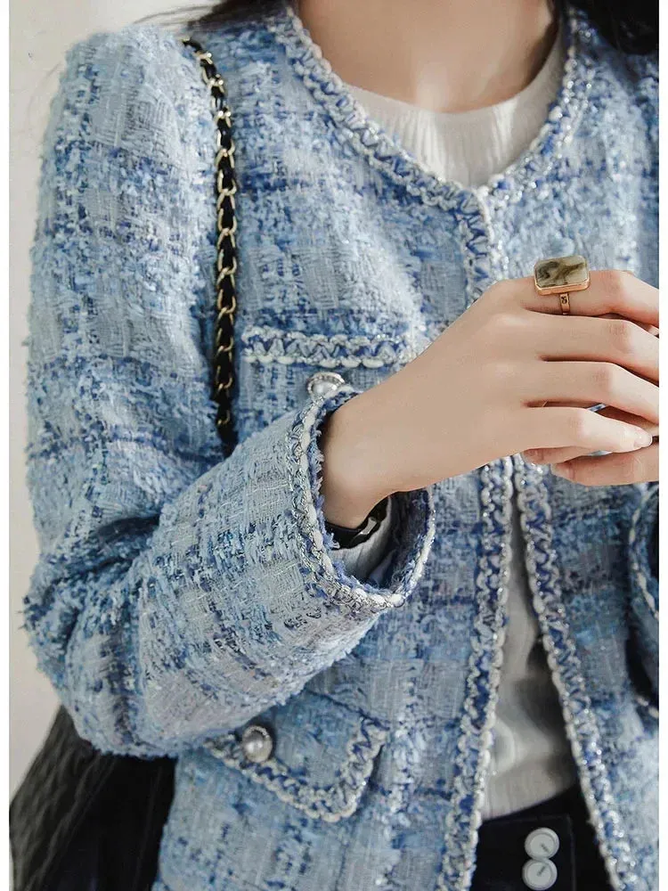 YK2 Streetwear Women's Elegant Blue Plaid Jacket Autumn Vintage Classic Long Sleeved Jacket Loose O-neck Fashion Women Jacket